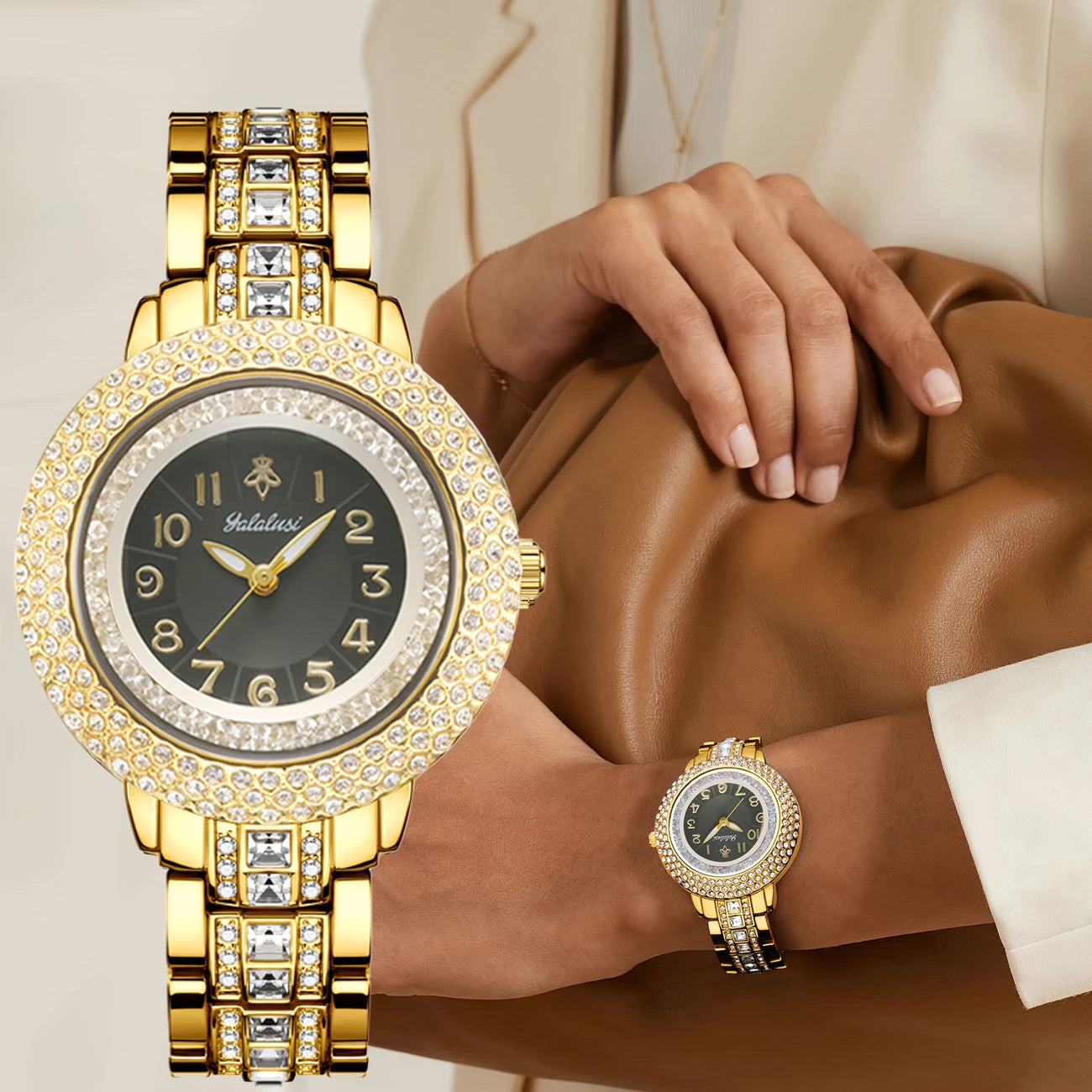 Elegant Women's Quartz Watch - Luxurious Golden-Tone with Sparkling Rhinestones
