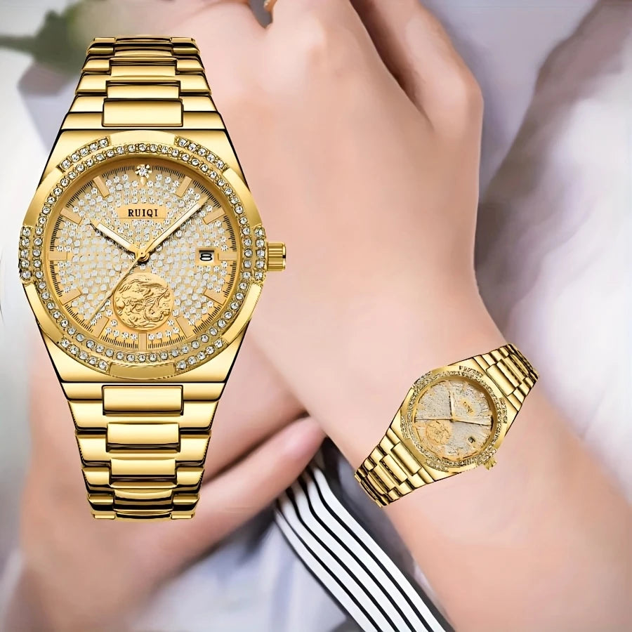 Luxury Rhinestone-Encrusted Mechanical Watch - Elegant Alloy Band