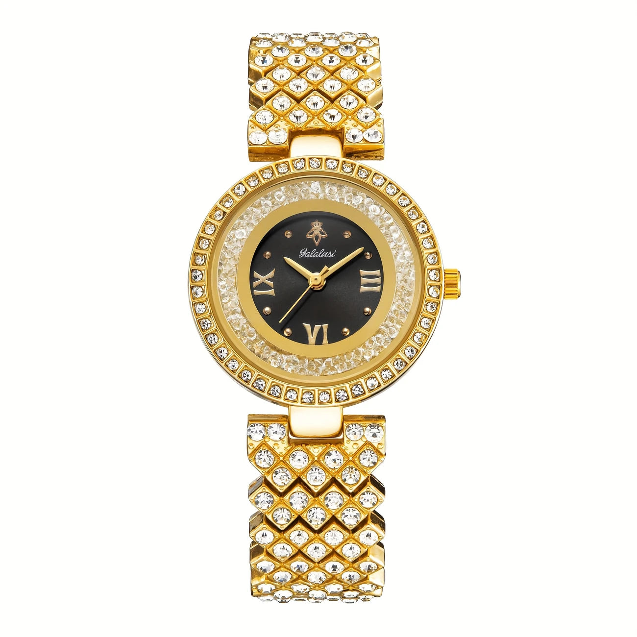 Luxury Golden-Tone Women's Quartz Watch with Sparkling Rhinestone