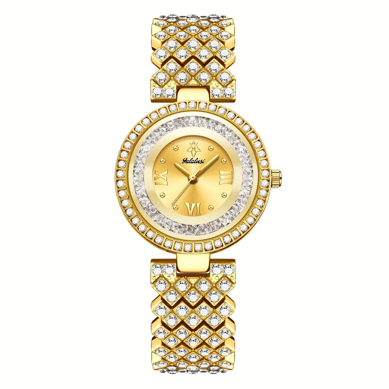 Luxury Golden-Tone Women's Quartz Watch with Sparkling Rhinestone