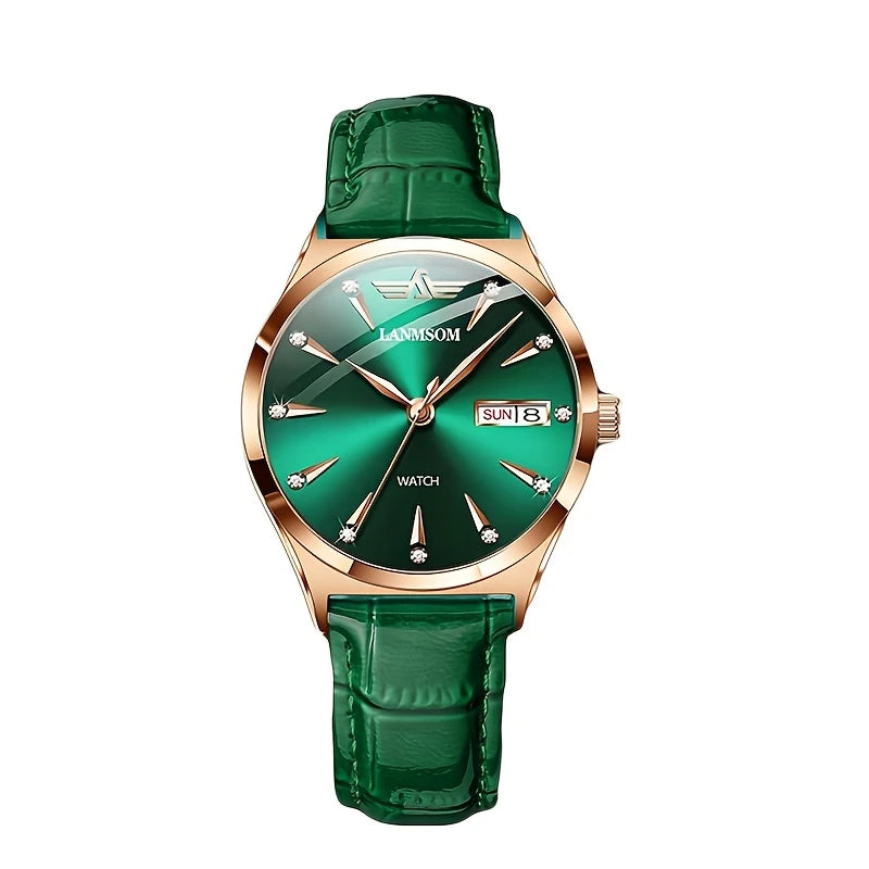 Elegant Women's Quartz Watch - Business Casual with Green Faux Leather Strap
