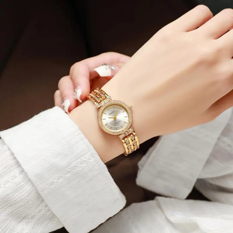 Elegant Quartz Wristwatch with Golden Tone Alloy Band - Round Face