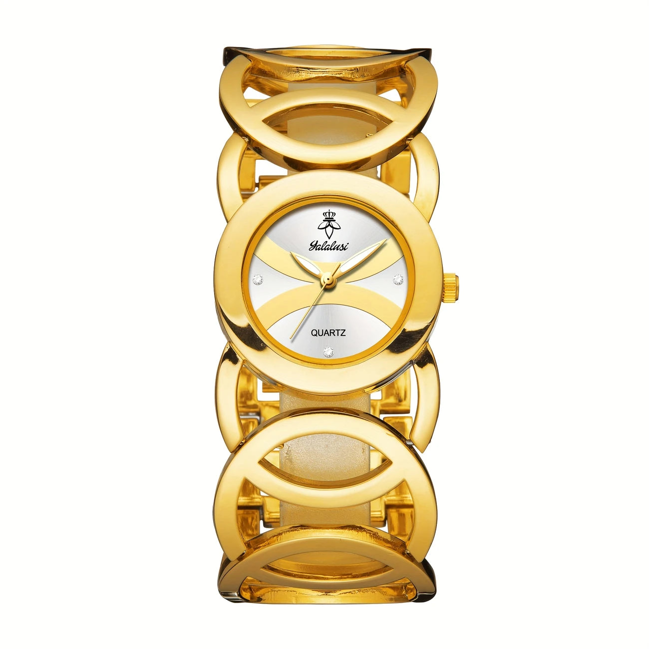 Golden-Tone Watch Hollow Circle Design with Rhinestone Accents