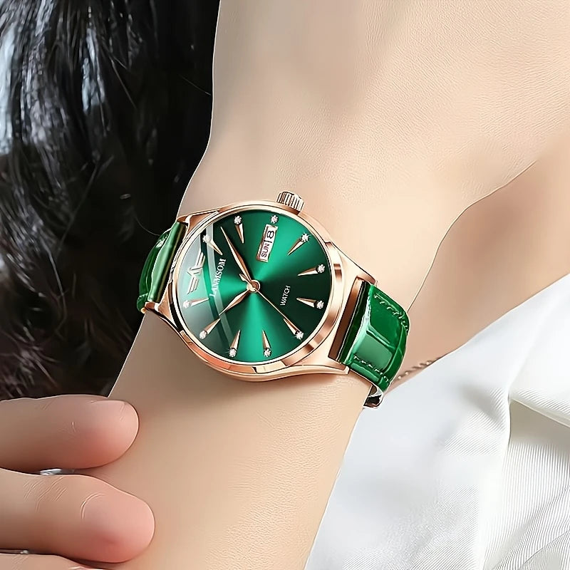 Elegant Women's Quartz Watch - Business Casual with Green Faux Leather Strap